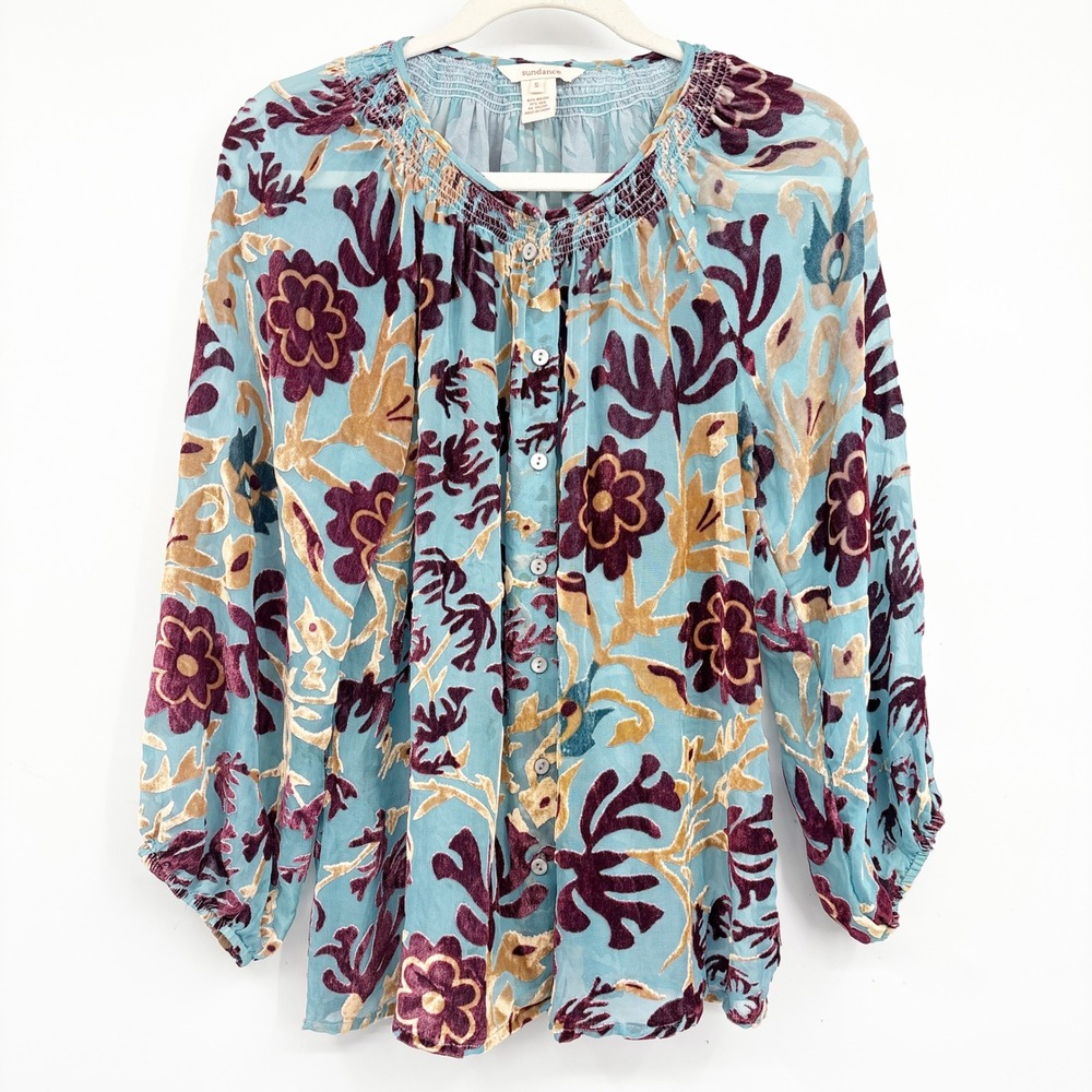 Sundance Womens Silk Blend Floral Burnout Velvet Boho Romantic Blouse Blue Small